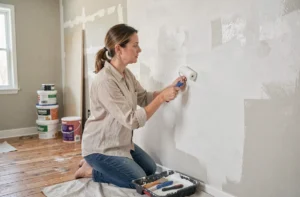 Femme en train de peindre un mur en blanc lors d'une rénovation intérieure maison