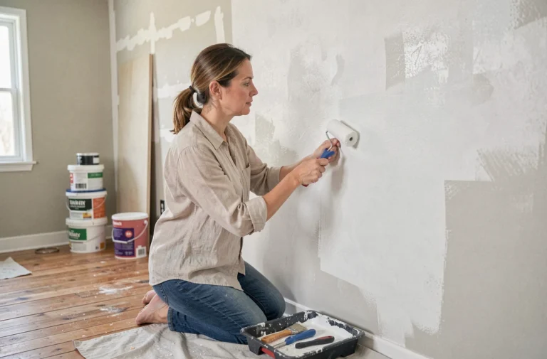 Femme en train de peindre un mur en blanc lors d'une rénovation intérieure maison