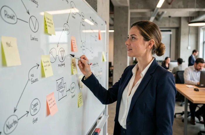 Femme professionnelle présentant une stratégie marketing sur un tableau blanc dans un bureau moderne