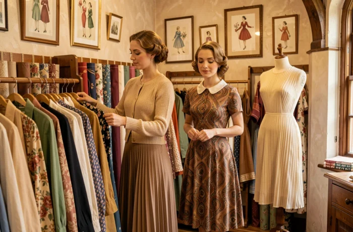 Duas mulheres em trajes do dia a dia estilo anos 1930 explorando roupas vintage em uma boutique de costura histórica com paredes adornadas com ilustrações de moda