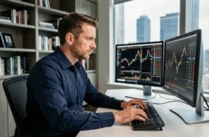Trader analysant les données du BX4 en bourse sur des écrans de trading dans un bureau moderne