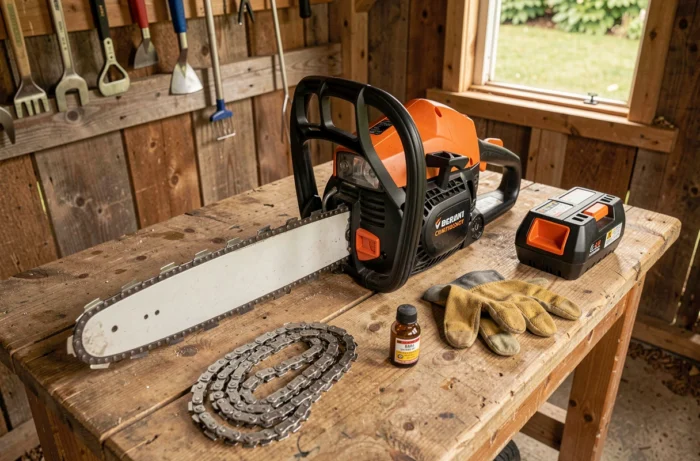 Oregon CS1400 electric chainsaw placed on a wooden workbench with its accessories in a garden workshop